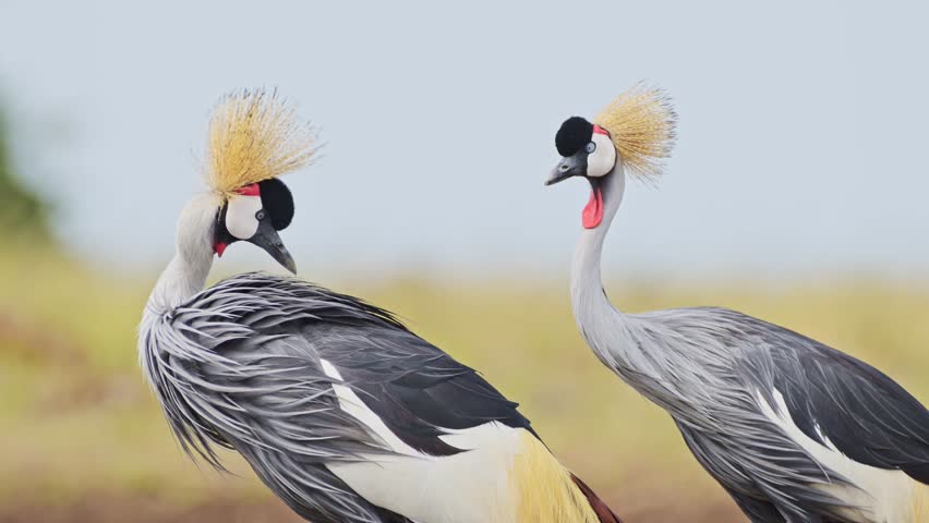 Slow Motion Shot of Grey Crowned Cranes grazing on the Mara river bank, beautiful plumage, colourful African bird Wildlife in Maasai Mara National Reserve, Kenya, Africa Safari Animals