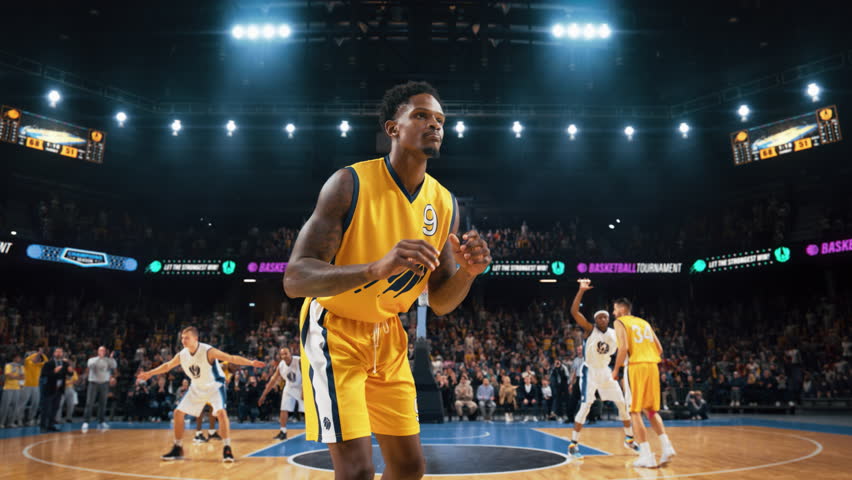 Cinematic Basketball Footage with Talented Multiethnic Athlete Scoring a Beautiful Slam Dunk Goal. Zoom In Shot of a Player Celebrating by Hanging on the Hoop in Front of a Huge Crowd of Sports Fans | Shutterstock HD Video #1108499907