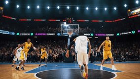 Multiethnic Basketball Player in White Uniform Catching a Pass, Dribbling Past Defence to Score a Skillful Slam Dunk Goal with Both Hands. Cinematic Sports News Footage with Follow Back View Action - Powered by Shutterstock - Get 15% off with code: PIKWIZARD15