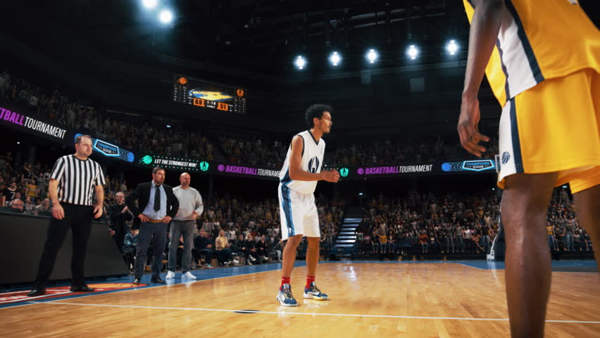 Cinematic Basketball Action on a Streaming Service: White Team Scores a Beautiful Goal. Gifted Teammate Catches the Ball, Dribbles and Performs a Fast Powerful Slam Dunk | Shutterstock HD Video #1108499915