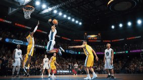 Diverse White Team Goes on the Attack, Dribbling Teammate Jumps with the Ball to Perform a Slam Dunk, But Hits the Hoop Rim and MIsses. Basketball Championship Cinematic Action in Slow Motion - Powered by Shutterstock - Get 15% off with code: PIKWIZARD15