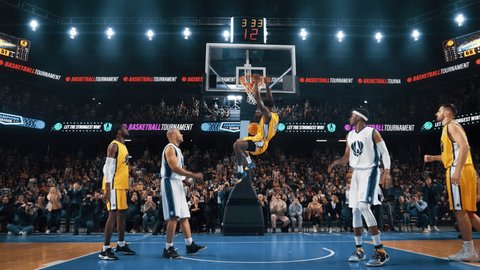 African American National Basketball Superstar Player Catching a Pass, Dribbling to Score a Powerful Slam Dunk Goal with Both Hands. Cinematic Sports News Footage with Follow Back View Action : vidéo de stock