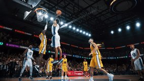 White Team Player Scoring a Beautiful Slam Dunk During an Active Championship Match. Slow Motion Replay Footage of Two International Teams Playing Basketball at a Professional Court with Fans - Powered by Shutterstock - Get 15% off with code: PIKWIZARD15