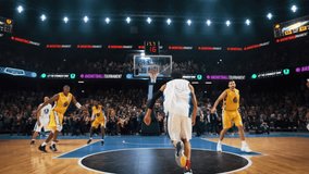 Cinematic Slow Motion Sports Footage with Follow Back View Action. Multiethnic Basketball Player in White Uniform Scoring a Skilled Slam Dunk Goal in Front of a Crowded Arena with Spectators - Powered by Shutterstock - Get 15% off with code: PIKWIZARD15