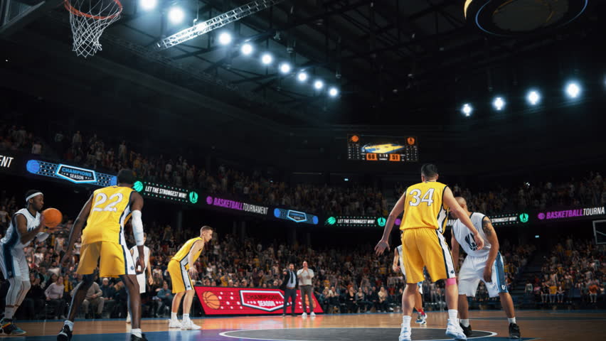 Slow Motion Replay Footage with Two International Teams Playing Basketball at an Arena Crowded with Spectators. White Team Pass the Ball, Player Scoring a Beautiful Goal During an Intense Game Royalty-Free Stock Footage #1108499959