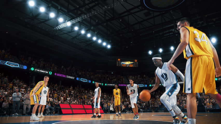 Cinematic Basketball Action on a Streaming Service: White Team Scores a Beautiful Goal. Teammate Reflects the Ball from a Shield, Another Player Performs a Fast Powerful Rebound Slam Dunk | Shutterstock HD Video #1108499963