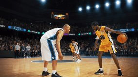 Cinematic Slow Motion Footage of Two International Teams Playing Basketball at a Crowded Arena. Yellow Team Player Dribbling with the Ball, Scoring a Beautiful Goal During an Intense Match - Powered by Shutterstock - Get 15% off with code: PIKWIZARD15