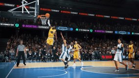 Talented African Player Dribbling Past Defender, Scoring a Powerful Slam Dunk. Cinematic College Basketball Tournament: Two Young Successful Diverse Teams Play a Championship Match in a Modern Arena - Powered by Shutterstock - Get 15% off with code: PIKWIZARD15