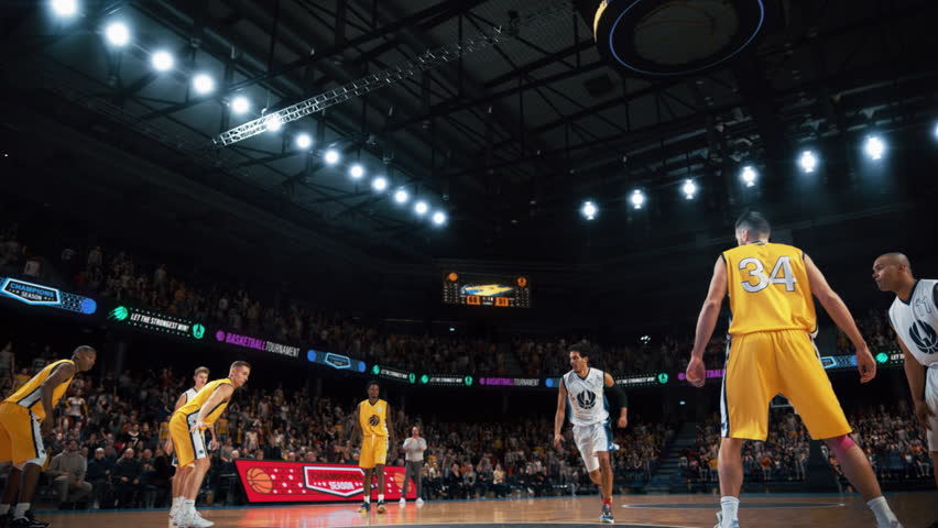 Cinematic Replay Footage of Two International Teams Playing Basketball at a Professional Crowded Court. White Team Pass the Ball, Player Scoring a Beautiful Dunk During an Intense Championship Match | Shutterstock HD Video #1108499981