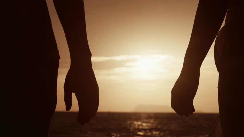 Close up hands of loving couple holding hands on backdrop of sun. Family at sunset on sea. Close up of man and woman meet holding hands together. Touch hands outdoors at sunset. Love concept Royalty-Free Stock Footage #1108500037