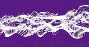 Animation of white transfer lines and data processing on purple background. Global science, research, computing and data processing concept digitally generated video.