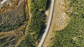 The road in the mountain valley. Traveling by car. Landscape from the air. Video for background. Fall view. Mountains and forest. Natural landscape.