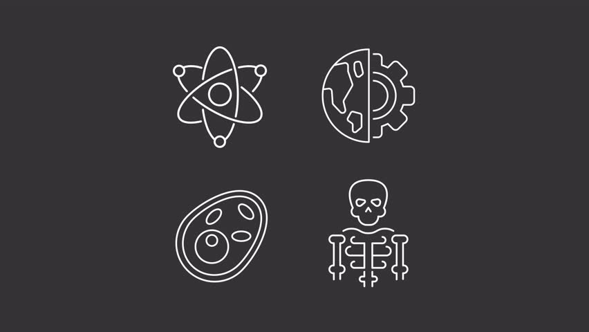 Natural science white animation set. College degree animated line icons. Human evolution. School subject. Isolated illustrations on dark background. Transition alpha. HD video. Icon pack