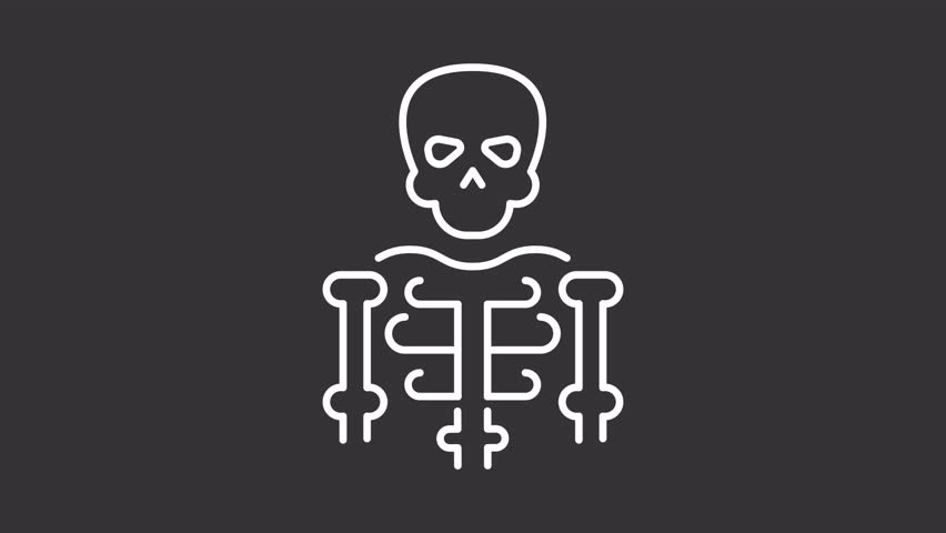 Skeleton white animated icon. Medical education line animation. Human body. Skeletal system. Anatomy lesson. Isolated illustration on dark background. Transition alpha video. Motion graphic