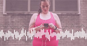 Animation of data processing over plus size caucasian woman exercising in city street. Sports, active lifestyle, urban living and happiness concept digitally generated video.
