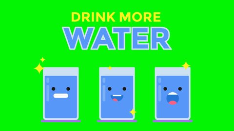 4k animation of drink more water text. A funny glasses are filled with water on Green Screen, Chroma Key. Animation of the character's emotions. The concept of a healthy life.
 Adlı Stok Video