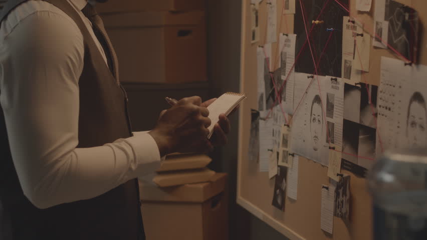 Tilt up shot of serious African American detective making notes while analyzing evidence board with suspects identikits, handprints and newspaper clippings connected with red thread Royalty-Free Stock Footage #1108510209