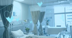Animation of network of medical icons and data processing over hospital bed. Global science, medicine, research, computing and data processing concept digitally generated video.