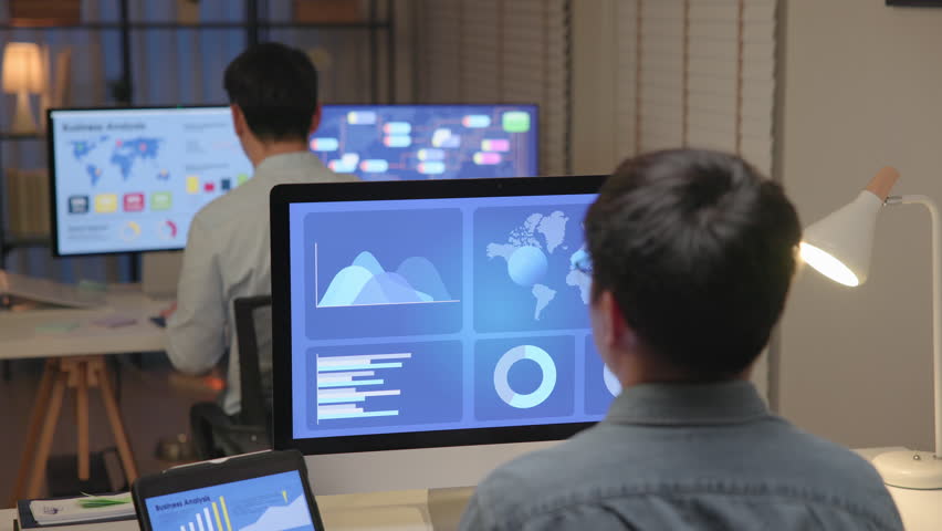 Asia people expert man tech talent night working late on predict sales insight SEO graph chart AI smart plan visual big data science report center BI tools screen. Office worker asian analyst job. - Powered by Shutterstock - Get 15% off with code: PIKWIZARD15