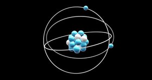 Animation of atom model spinning on black background. Global science, research, connections, computing and data processing concept digitally generated video.