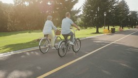 Loving aged married couple enjoying bike riding on asphalt road at summer park. Caucasian man and woman with grey hair dedicating sunny days to their shared passion for outdoor activity. - Powered by Shutterstock - Get 15% off with code: PIKWIZARD15