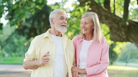 Close up Happy old senior married couple spend leisure time together walking in urban city park. Joyful mature gray haired retired wife and husband have fun talking, hugging, enjoying a walk in nature - Powered by Shutterstock - Get 15% off with code: PIKWIZARD15