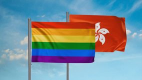 Hong Kong flag and LGBT movement also Gay Pride flag waving together on blue sky, looped video, two country cooperation concept