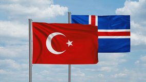 Iceland and Turkey flag waving together in the wind on blue sky, cycle looped video, two country cooperation concept