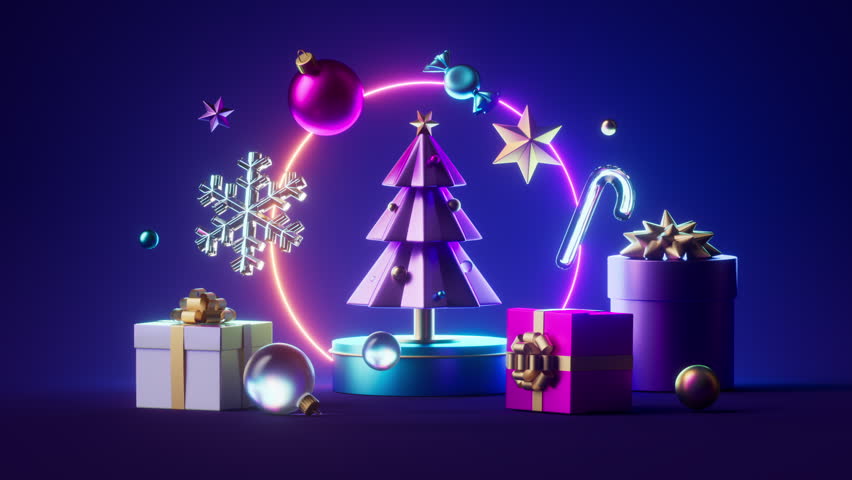 3d animation, Christmas neon background with fir tree, gift boxes and festive ornaments. Virtual animated Holiday wallpaper | Shutterstock HD Video #1108524237