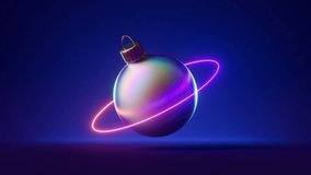 cycled 3d animation, neon ring and glass ball Christmas ornament levitate and rotates endlessly over blue background. Futuristic festive minimalist wallpaper - Powered by Shutterstock - Get 15% off with code: PIKWIZARD15