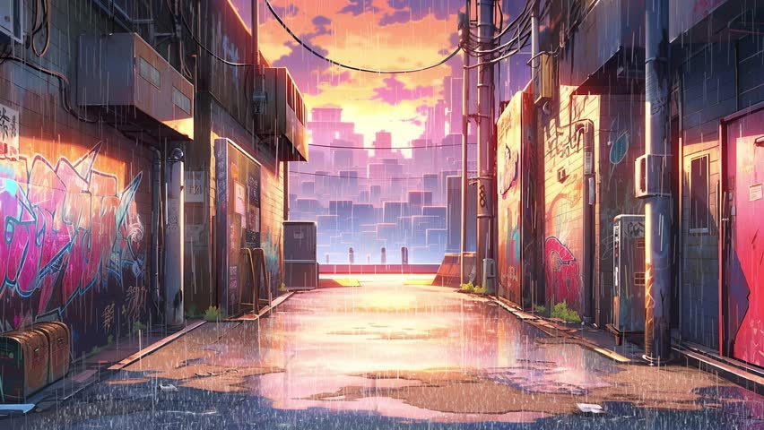 batch_At the vibrant mural covered alleyway, under an urban sunrise, rain, anime animation Royalty-Free Stock Footage #1108529417