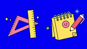 Cute educational objects school supplies. Triangular ruler and notebook. 2D animation HD video clip on blue screen.