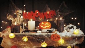 Happy Halloween concept. Halloween greetings. Halloween decorations, skeleton, carved orange pumpkin Jack-o-Lantern, spiders, cobwebs and bats. Traditional Halloween symbols on dark background - Powered by Shutterstock - Get 15% off with code: PIKWIZARD15