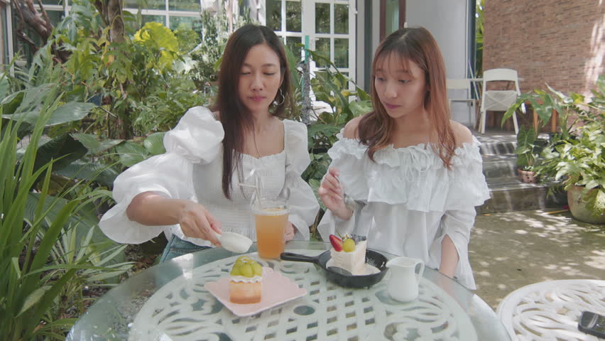 Simple joys of sitting together, sharing delicious food and drinks, for happy, leisurely moments. Close up two asian yong women eating cake in garden style cafe with beautiful stylish costume. Royalty-Free Stock Footage #1108536097