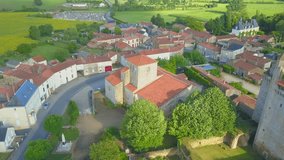 Aerial view of the church of Notre-Dame-de-l'Assomption in Bazoges-en-Pareds, a town located in the départment of Vendée, in the region Pays de la Loire in France.