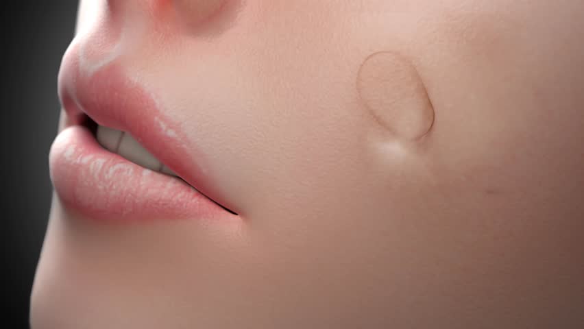 Drops of serum flowing on the face used for advertising materials and 3D illustrations.