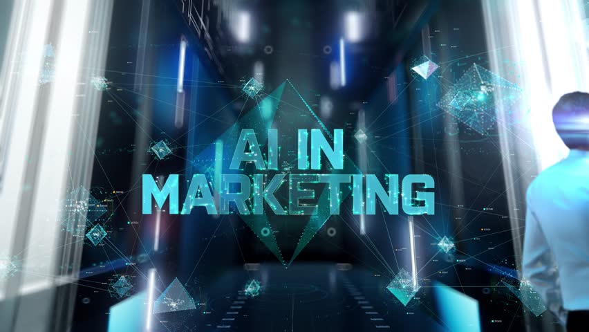 AI in Marketing. Man in Futuristic Office Interior Moving and Activating Hologram. Royalty-Free Stock Footage #1108542653