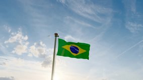 Flag of Brazil waving in the wind, sky and sun background. Brazil Flag Video. Realistic Animation, 4K UHD.