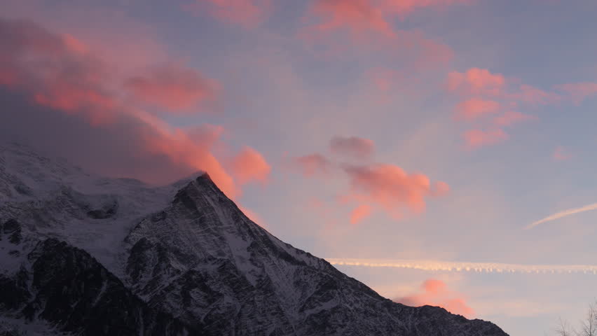 mont blanc and surrounding mountains in the french Alps at sunset