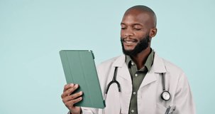 Black man, doctor and tablet in video call for Telehealth, online consultation or advice against a studio background. African male person, medical or healthcare professional consulting on technology