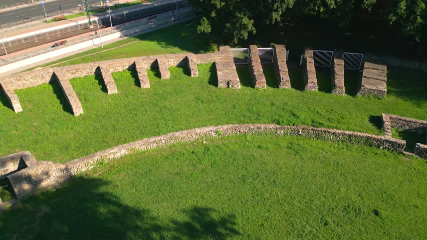 Historic Roman Aquincum Civil Amphitheatre In City Of Budapest, Hungary. - aerial