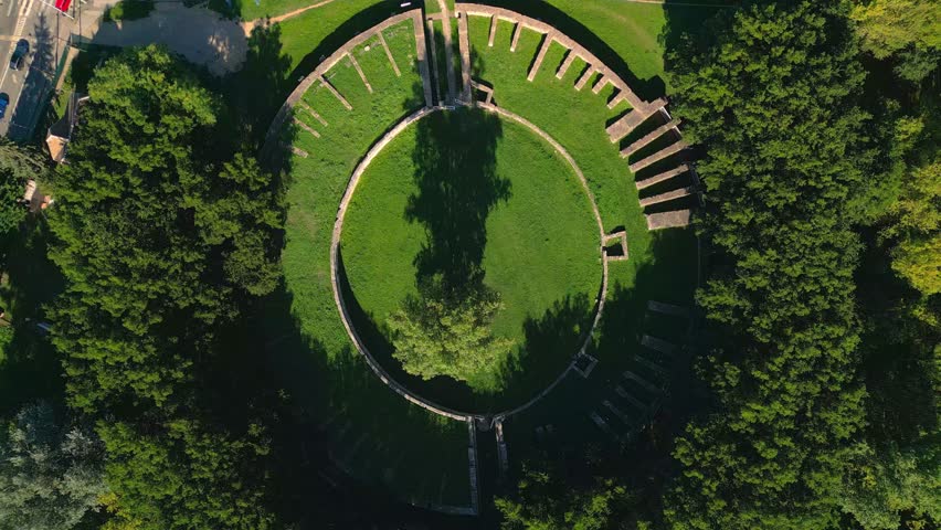 Overhead View of Roman Amphitheatre Aquincumin In Budapest, Hungary. - aerial