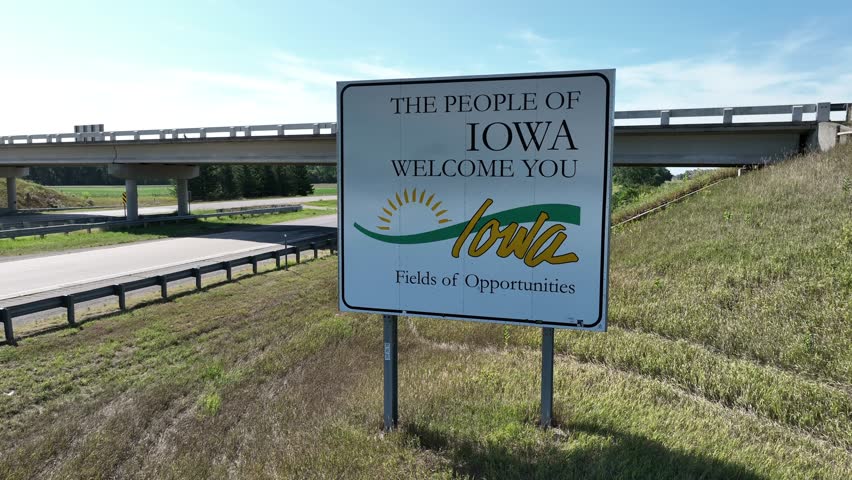Welcome to Iowa state road sign. Aerial rising shot. Establishing shot as cars enter IA on interstate highway.