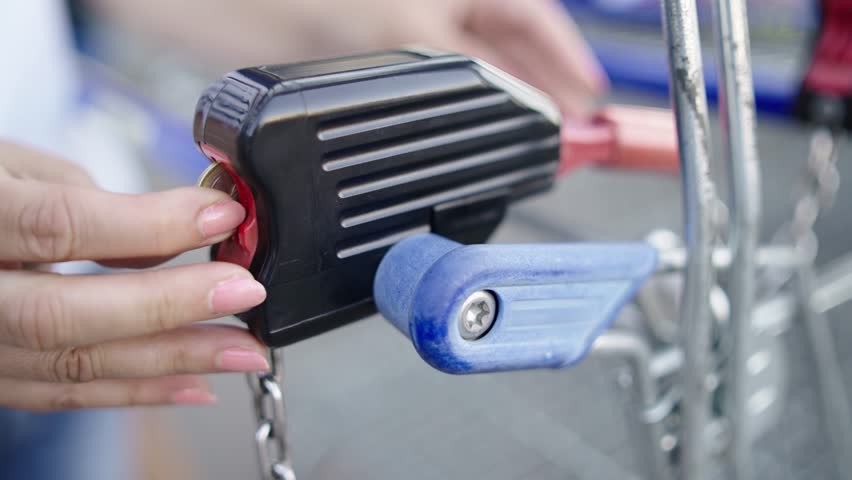 Woman hand insert money coin in supermarket shopping cart slot