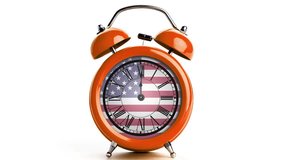 Vintage alarm clock  with flag of USA on hourplate with chroma key background. 3d animation in 4k resolution video.