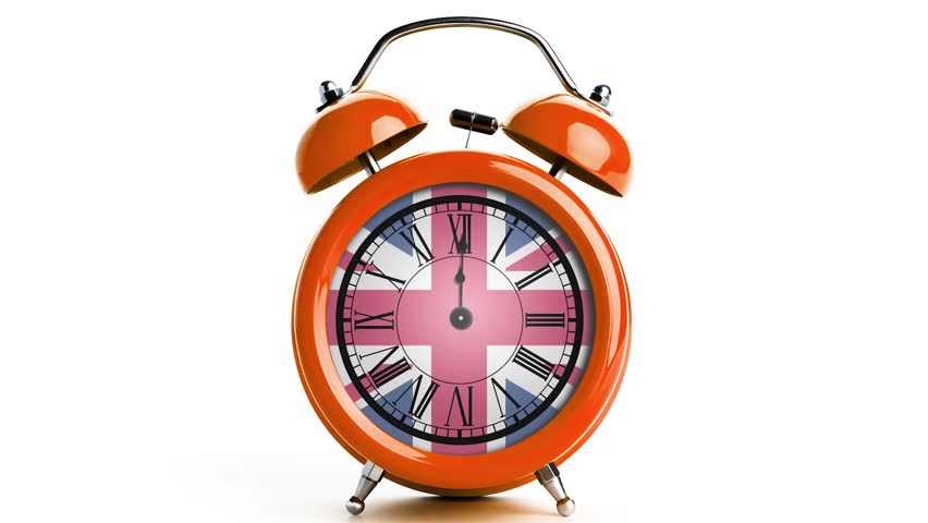 Vintage alarm clock  with flag of Great Britain on hourplate with chroma key background. 3d animation in 4k resolution video. | Shutterstock HD Video #1108557731