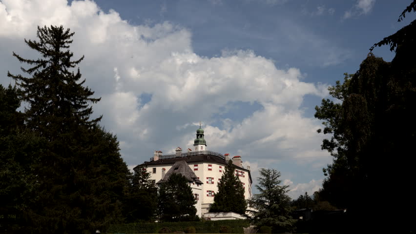 Innsbruck, Austria - August 23, 2023: Timelapse of Ambras Castle (Schloss Ambras Innsbruck).