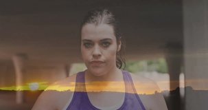 Animation of sun setting over plus size caucasian woman exercising in city. Sports, active lifestyle, urban living and happiness concept digitally generated video.