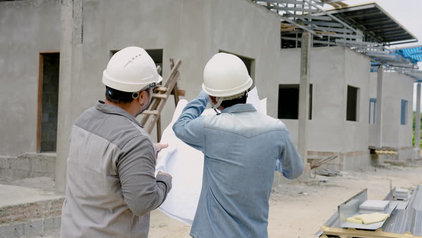 Engineer builder, standing together discussing plans, concerning construction row house with many rooms at actual site, by holding piece paper with house plan in hand look at plan that customer wants. Royalty-Free Stock Footage #1108561447