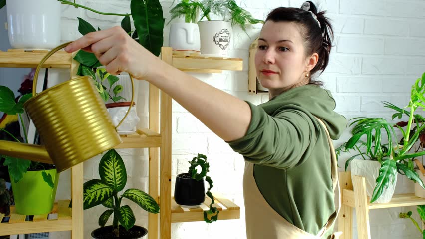 A woman waters home plants from her collection of rare species from a watering can, grown with love on shelves in the interior of the house. Home plant growing, green house, water balance